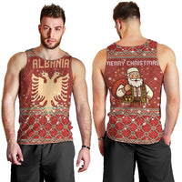 Albania Christmas Men Tank Top with Red Geometric Design, Golden Double-Headed Eagle, and Santa Motif - Wonder Print Shop