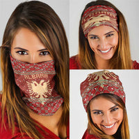 Albania Christmas Neck Gaiter with Red Geometric Design, Golden Double-Headed Eagle, and Santa Motif - Wonder Print Shop