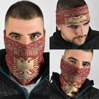Albania Christmas Neck Gaiter with Red Geometric Design, Golden Double-Headed Eagle, and Santa Motif - Wonder Print Shop