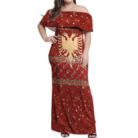 Albania Christmas Off Shoulder Maxi Dress with Red Geometric Design, Golden Double-Headed Eagle, and Santa Motif - Wonder Print Shop