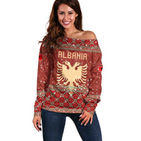 Albania Christmas Off Shoulder Sweater with Red Geometric Design, Golden Double-Headed Eagle, and Santa Motif - Wonder Print Shop