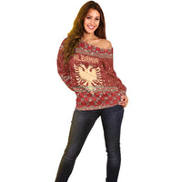 Albania Christmas Off Shoulder Sweater with Red Geometric Design, Golden Double-Headed Eagle, and Santa Motif - Wonder Print Shop