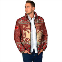 Albania Christmas Padded Jacket with Red Geometric Design, Golden Double-Headed Eagle, and Santa Motif - Wonder Print Shop