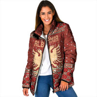 Albania Christmas Padded Jacket with Red Geometric Design, Golden Double-Headed Eagle, and Santa Motif - Wonder Print Shop