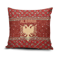 Albania Christmas Pillow Cover with Red Geometric Design, Golden Double-Headed Eagle, and Santa Motif - Wonder Print Shop