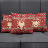 Albania Christmas Pillow Cover with Red Geometric Design, Golden Double-Headed Eagle, and Santa Motif - Wonder Print Shop