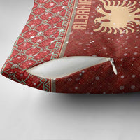Albania Christmas Pillow Cover with Red Geometric Design, Golden Double-Headed Eagle, and Santa Motif - Wonder Print Shop