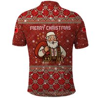 Albania Christmas Polo Shirt with Red Geometric Design, Golden Double-Headed Eagle, and Santa Motif - Wonder Print Shop