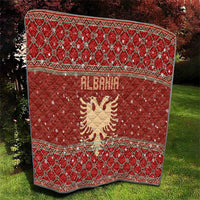 Albania Christmas Quilt with Red Geometric Design, Golden Double-Headed Eagle, and Santa Motif - Wonder Print Shop