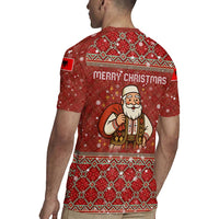 Albania Christmas Rugby Jersey with Red Geometric Design, Golden Double-Headed Eagle, and Santa Motif - Wonder Print Shop