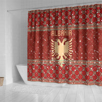 Albania Christmas Shower Curtain with Red Geometric Design, Golden Double-Headed Eagle, and Santa Motif - Wonder Print Shop