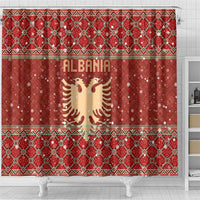 Albania Christmas Shower Curtain with Red Geometric Design, Golden Double-Headed Eagle, and Santa Motif - Wonder Print Shop