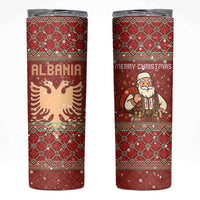 Albania Christmas Skinny Tumbler with Red Geometric Design, Golden Double-Headed Eagle, and Santa Motif - Wonder Print Shop