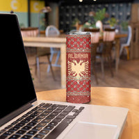 Albania Christmas Skinny Tumbler with Red Geometric Design, Golden Double-Headed Eagle, and Santa Motif - Wonder Print Shop