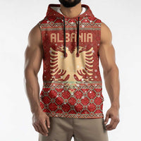 Albania Christmas Sleeveless Hoodie with Red Geometric Design, Golden Double-Headed Eagle, and Santa Motif - Wonder Print Shop