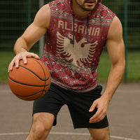 Albania Christmas Sleeveless Hoodie with Red Geometric Design, Golden Double-Headed Eagle, and Santa Motif - Wonder Print Shop