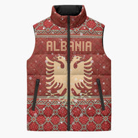 Albania Christmas Sleeveless Puffer Jacket with Red Geometric Design, Golden Double-Headed Eagle, and Santa Motif - Wonder Print Shop