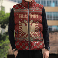 Albania Christmas Sleeveless Puffer Jacket with Red Geometric Design, Golden Double-Headed Eagle, and Santa Motif - Wonder Print Shop