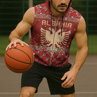 Albania Christmas Sleeveless Zip Hoodie with Red Geometric Design, Golden Double-Headed Eagle, and Santa Motif - Wonder Print Shop