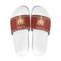 Albania Christmas Slide Sandals with Red Geometric Design, Golden Double-Headed Eagle, and Santa Motif - Wonder Print Shop