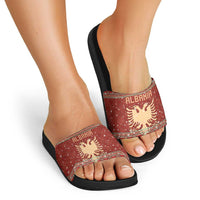 Albania Christmas Slide Sandals with Red Geometric Design, Golden Double-Headed Eagle, and Santa Motif - Wonder Print Shop