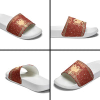 Albania Christmas Slide Sandals with Red Geometric Design, Golden Double-Headed Eagle, and Santa Motif - Wonder Print Shop