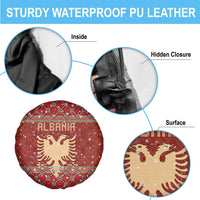 Albania Christmas Spare Tire Cover with Red Geometric Design, Golden Double-Headed Eagle, and Santa Motif - Wonder Print Shop