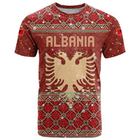 Albania Christmas T Shirt with Red Geometric Design, Golden Double-Headed Eagle, and Santa Motif - Wonder Print Shop