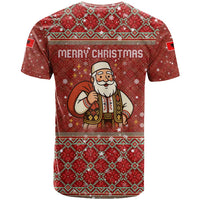 Albania Christmas T Shirt with Red Geometric Design, Golden Double-Headed Eagle, and Santa Motif - Wonder Print Shop