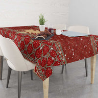 Albania Christmas Tablecloth with Red Geometric Design, Golden Double-Headed Eagle, and Santa Motif - Wonder Print Shop