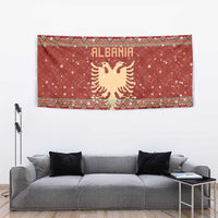 Albania Christmas Tapestry with Red Geometric Design, Golden Double-Headed Eagle, and Santa Motif - Wonder Print Shop