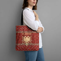 Albania Christmas Tote Bag with Red Geometric Design, Golden Double-Headed Eagle, and Santa Motif - Wonder Print Shop