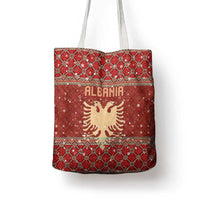 Albania Christmas Tote Bag with Red Geometric Design, Golden Double-Headed Eagle, and Santa Motif - Wonder Print Shop