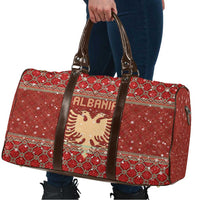 Albania Christmas Travel Bag with Red Geometric Design, Golden Double-Headed Eagle, and Santa Motif - Wonder Print Shop