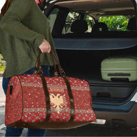 Albania Christmas Travel Bag with Red Geometric Design, Golden Double-Headed Eagle, and Santa Motif - Wonder Print Shop