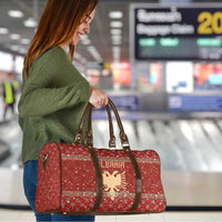Albania Christmas Travel Bag with Red Geometric Design, Golden Double-Headed Eagle, and Santa Motif - Wonder Print Shop