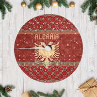 Albania Christmas Tree Skirt with Red Geometric Design, Golden Double-Headed Eagle, and Santa Motif - Wonder Print Shop
