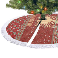 Albania Christmas Tree Skirt with Red Geometric Design, Golden Double-Headed Eagle, and Santa Motif - Wonder Print Shop