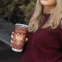 Albania Christmas Tumbler Cup with Red Geometric Design, Golden Double-Headed Eagle, and Santa Motif - Wonder Print Shop