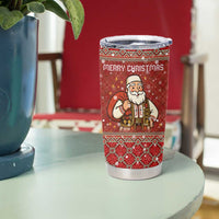 Albania Christmas Tumbler Cup with Red Geometric Design, Golden Double-Headed Eagle, and Santa Motif - Wonder Print Shop