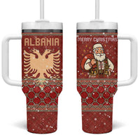 Albania Christmas Tumbler With Handle with Red Geometric Design, Golden Double-Headed Eagle, and Santa Motif - Wonder Print Shop