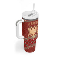 Albania Christmas Tumbler With Handle with Red Geometric Design, Golden Double-Headed Eagle, and Santa Motif - Wonder Print Shop