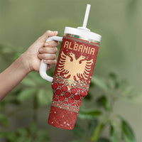 Albania Christmas Tumbler With Handle with Red Geometric Design, Golden Double-Headed Eagle, and Santa Motif - Wonder Print Shop