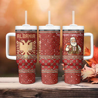 Albania Christmas Tumbler With Handle with Red Geometric Design, Golden Double-Headed Eagle, and Santa Motif - Wonder Print Shop