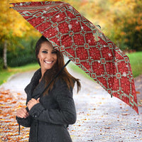 Albania Christmas Umbrella with Red Geometric Design, Golden Double-Headed Eagle, and Santa Motif - Wonder Print Shop