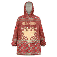 Albania Christmas Wearable Blanket Hoodie with Red Geometric Design, Golden Double-Headed Eagle, and Santa Motif - Wonder Print Shop