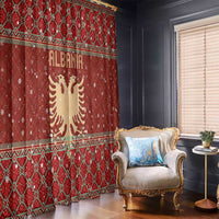 Albania Christmas Window Curtain with Red Geometric Design, Golden Double-Headed Eagle, and Santa Motif - Wonder Print Shop