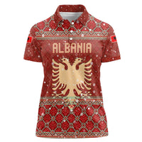 Albania Christmas Women Polo Shirt with Red Geometric Design, Golden Double-Headed Eagle, and Santa Motif - Wonder Print Shop