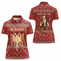 Albania Christmas Women Polo Shirt with Red Geometric Design, Golden Double-Headed Eagle, and Santa Motif - Wonder Print Shop