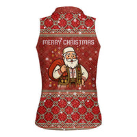 Albania Christmas Women Sleeveless Polo Shirt with Red Geometric Design, Golden Double-Headed Eagle, and Santa Motif - Wonder Print Shop